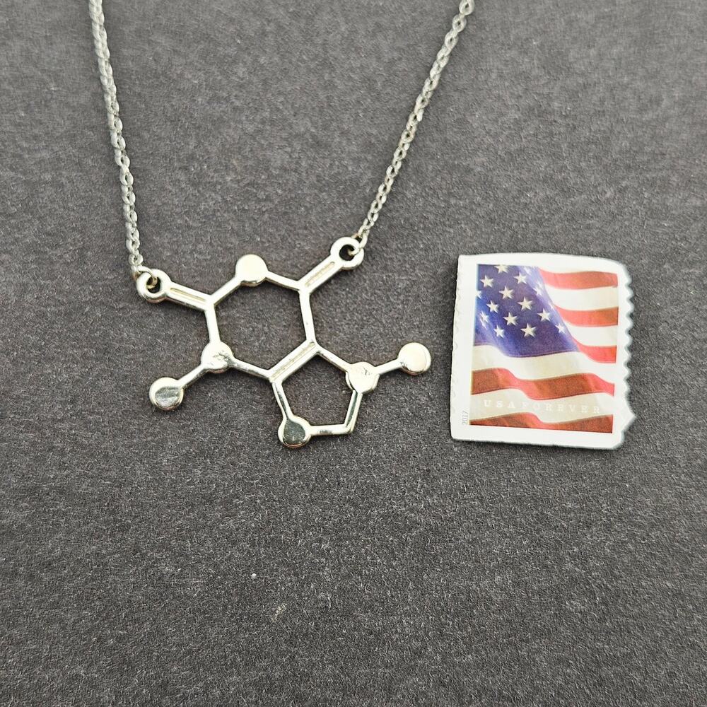 Caffeine Molecule Pendant Necklace Silver Tone Chain Chemist Scientist Lab Tech - Picture 3 of 5